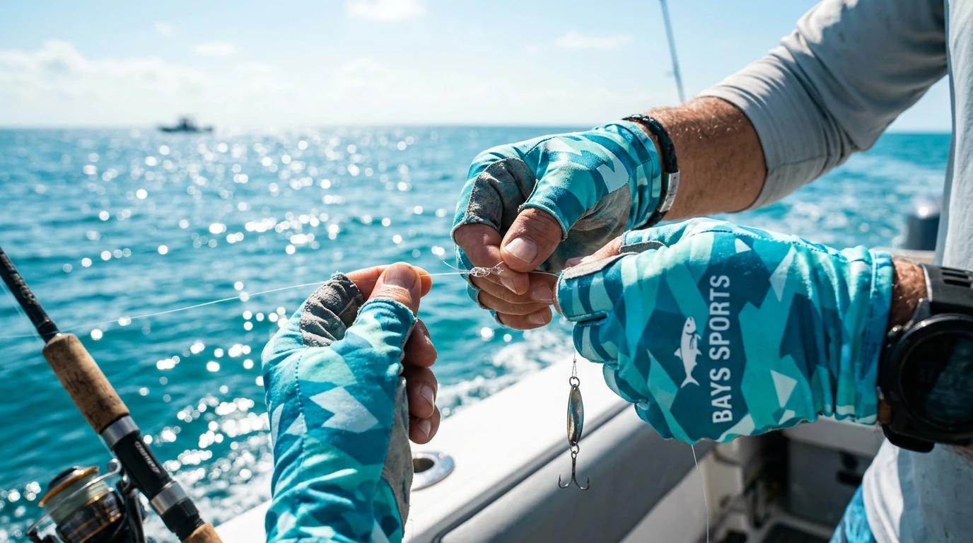 Angler wearing custom fishing gloves
